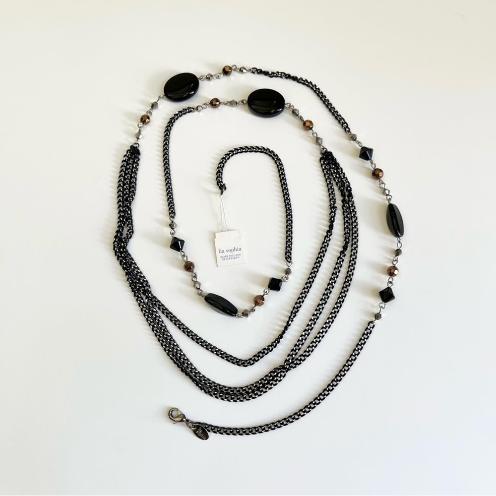 Lia Sophia Cut Crystals Multi Strand Black Metal Chain Long Necklace